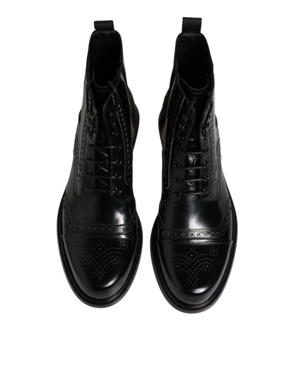 Dolce & Gabbana Black Leather Lace Up Mid Calf Boots Shoes