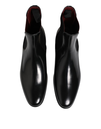 Dolce & Gabbana Black Leather Slip On Mid Calf Boots Shoes