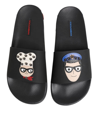 Dolce & Gabbana Black Leather Slides Flats Beachwear Shoes