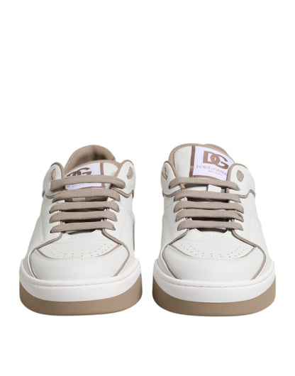Dolce & Gabbana White Brown Leather Low Top Men Sneakers Shoes