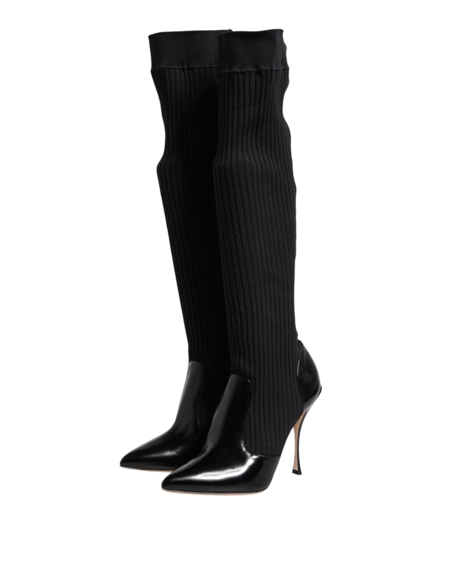Dolce & Gabbana Black Leather Ribbed Knit Knee Boots Shoes