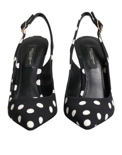 Dolce & Gabbana Black White Dotted Stiletto Slingback Shoes