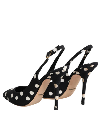 Dolce & Gabbana Black White Dotted Stiletto Slingback Shoes