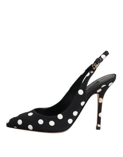 Dolce & Gabbana Black White Dotted Stiletto Slingback Shoes