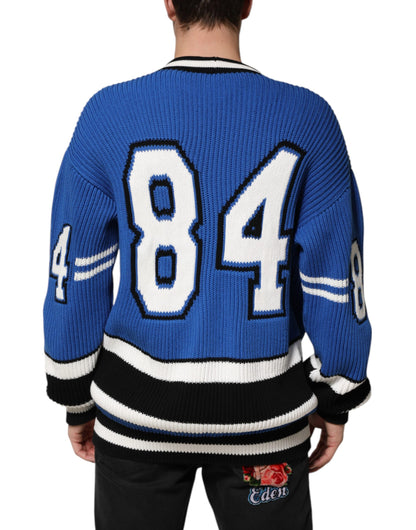 Dolce & Gabbana Blue Cotton Logo Patch Ribbed Knit Cardigan Sweater