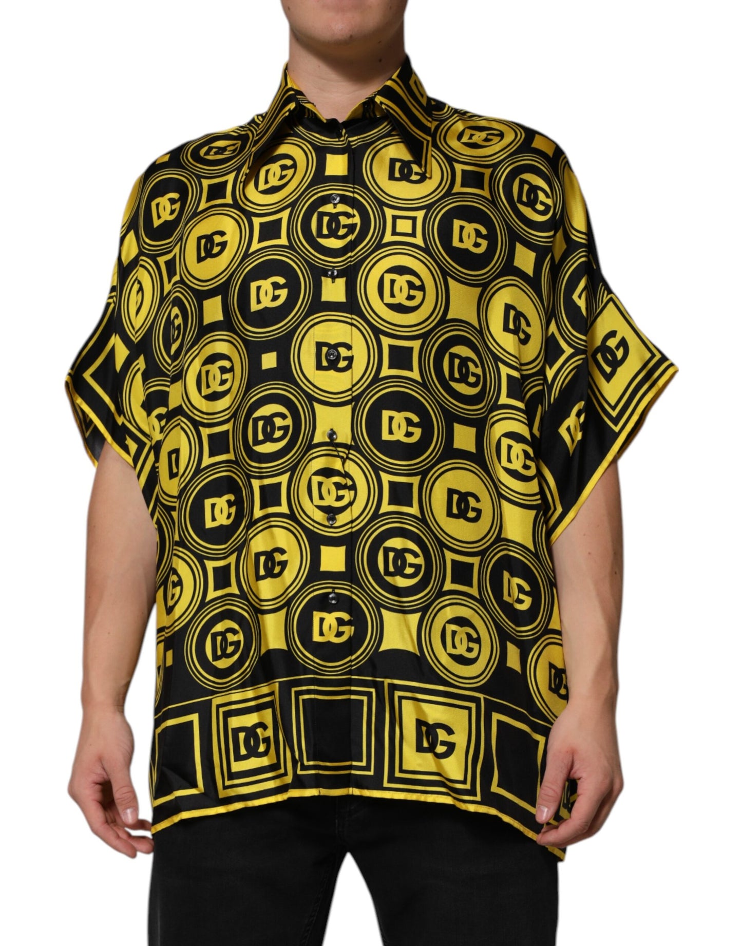 Dolce & Gabbana Yellow Silk Silver DG Logo Geometric T-shirt