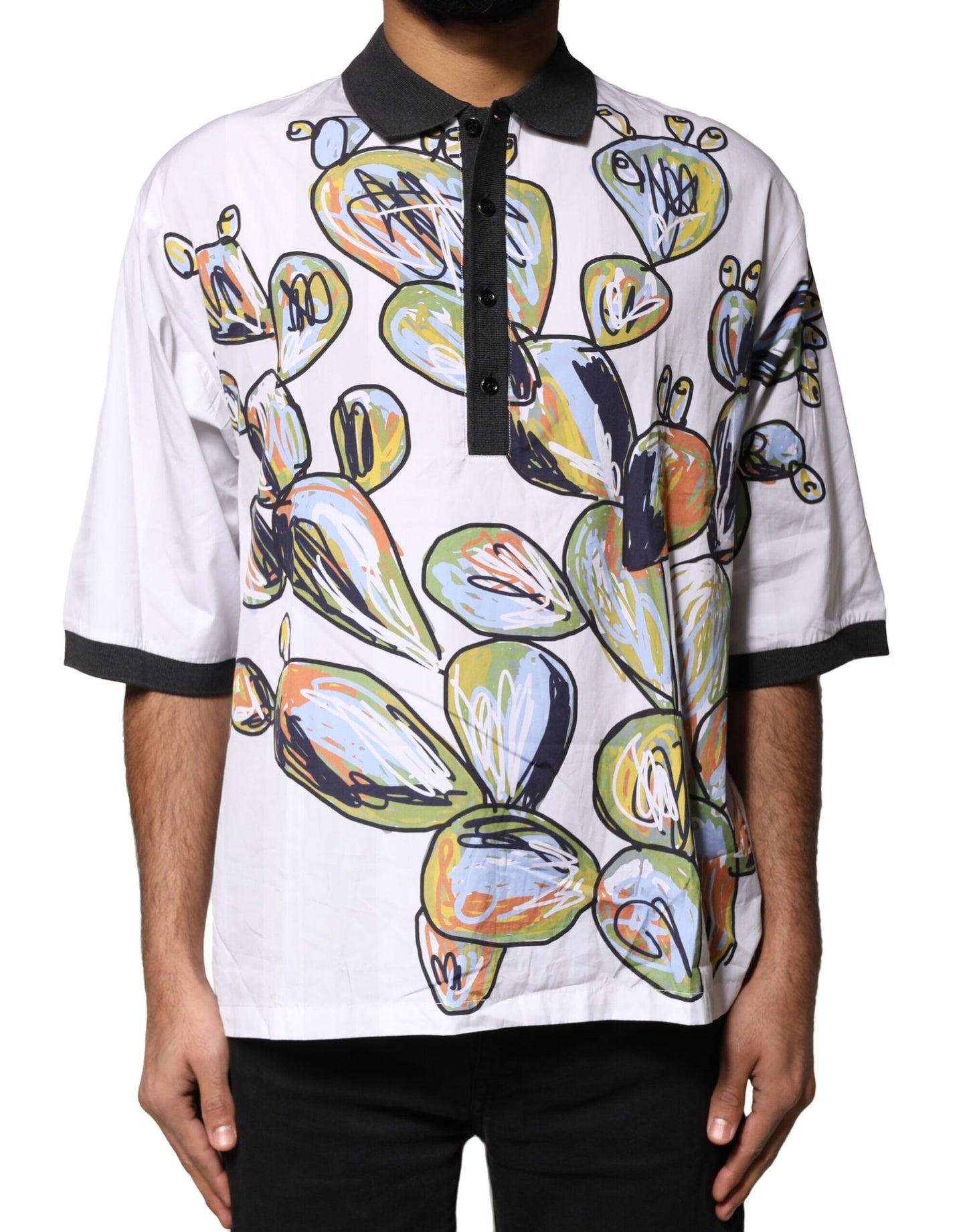 Dolce & Gabbana White Sketch Print Oversized Mens Polo T-shirt