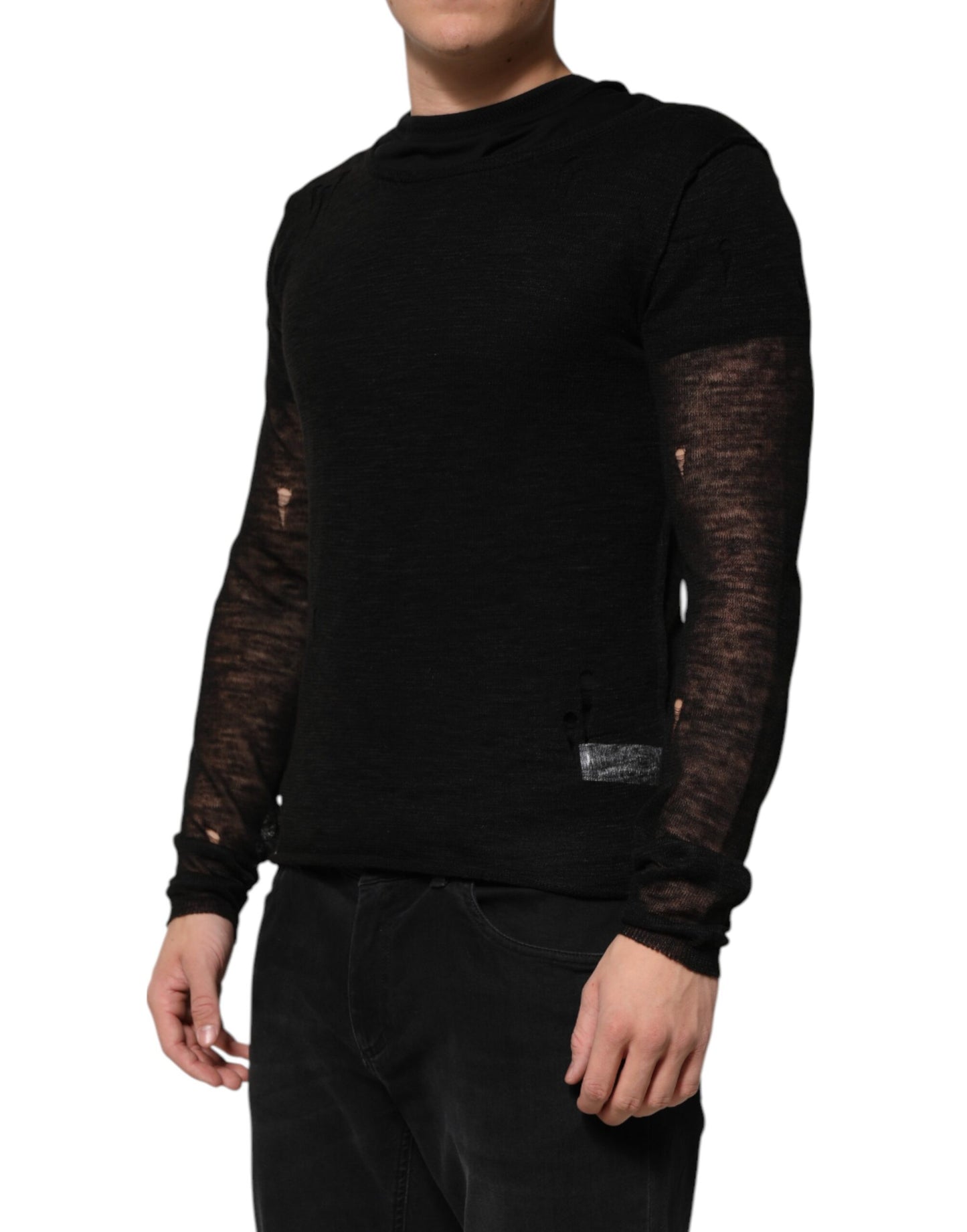 Dolce & Gabbana Black Linen Mesh Tattered Longsleeves T-shirt