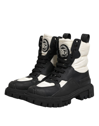 Dolce & Gabbana Black White Padded Mid Calf Lace Up Boots Shoes