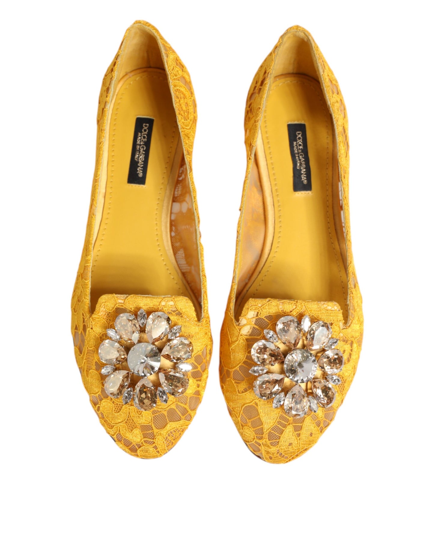 Dolce & Gabbana Yellow Taormina Lace Crystals Flats Shoes