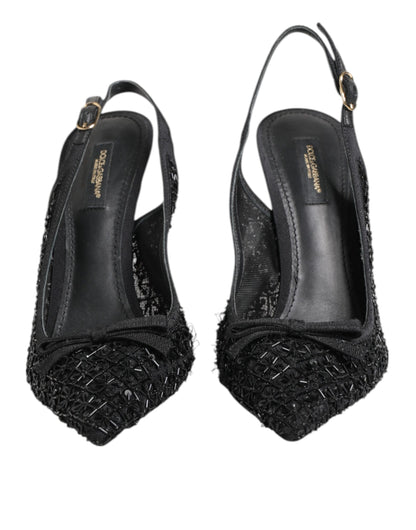 Dolce & Gabbana Black Tulle Ricamo Heels Slingbacks Shoes