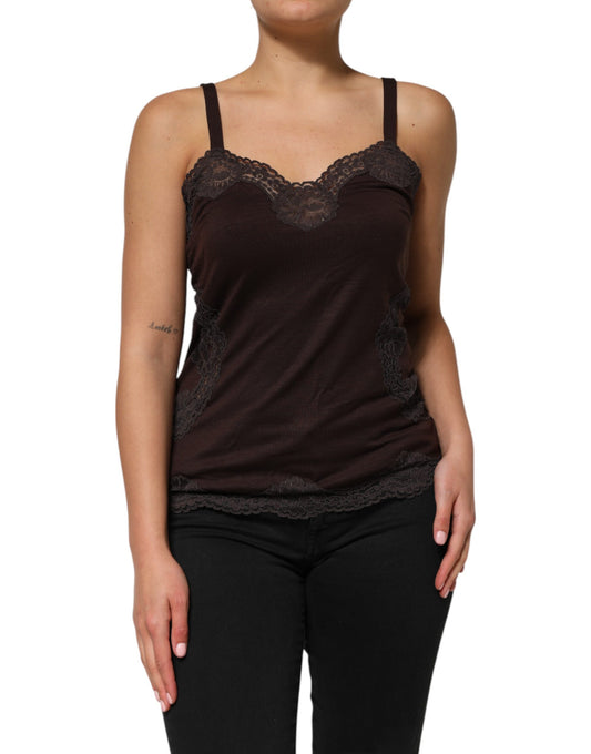 Dolce & Gabbana Dark Brown Lace Trim Wool Sleeveless Tank Top