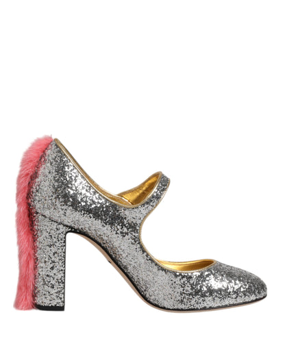 Dolce & Gabbana Silver Glitter Mink Fur VALLY Pumps Shoes
