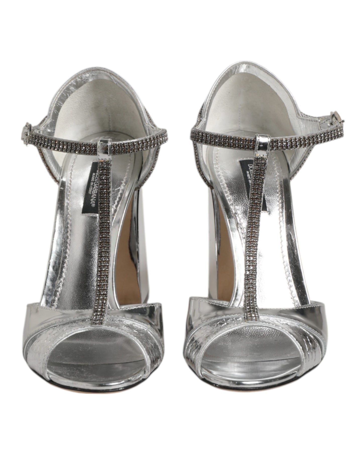 Dolce & Gabbana Silver Leather T-strap Heels Sandals Shoes