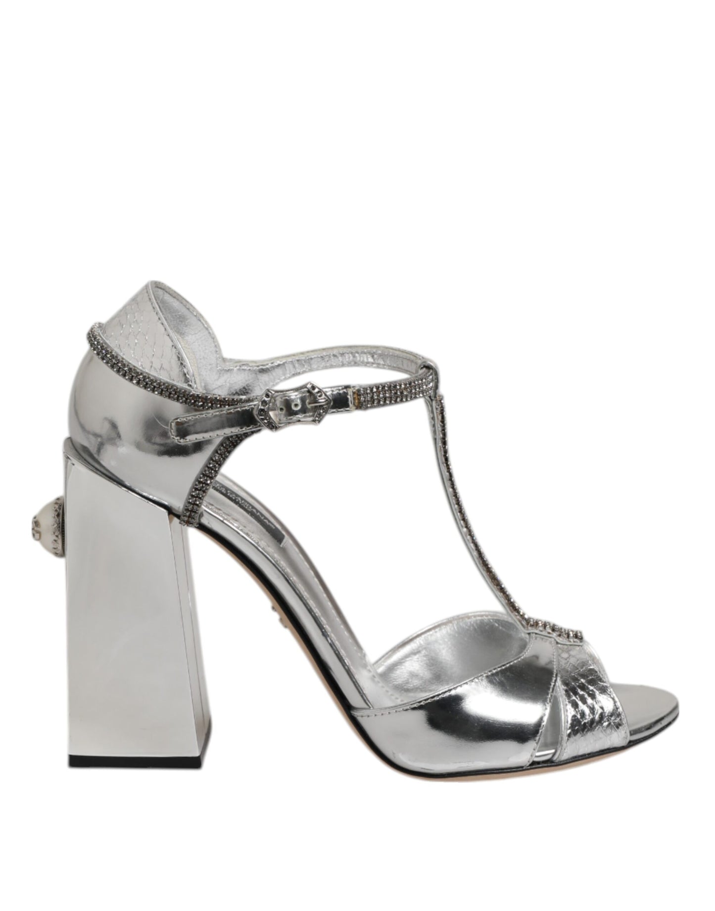 Dolce & Gabbana Silver Leather T-strap Heels Sandals Shoes