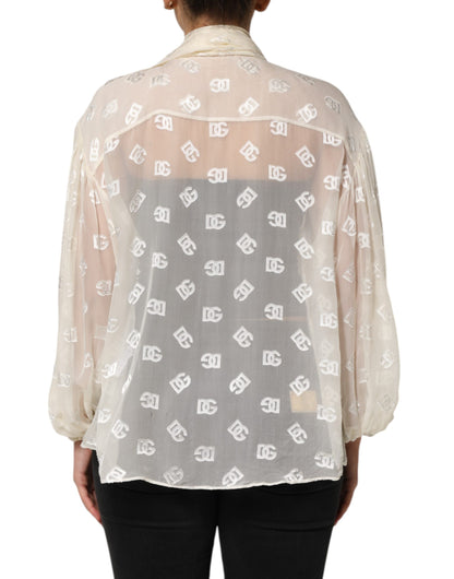 Dolce & Gabbana Off White Logo Monogram Ascot Collar Top