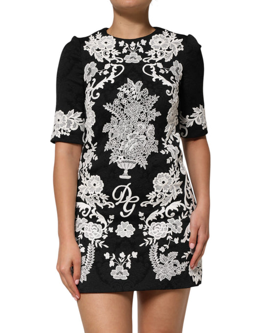 Dolce & Gabbana Black Lace Trim Short Sleeves A-line Dress