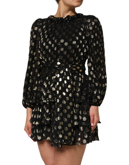 Dolce & Gabbana Black Gold Polka Dot Silk Brocade Mini Dress