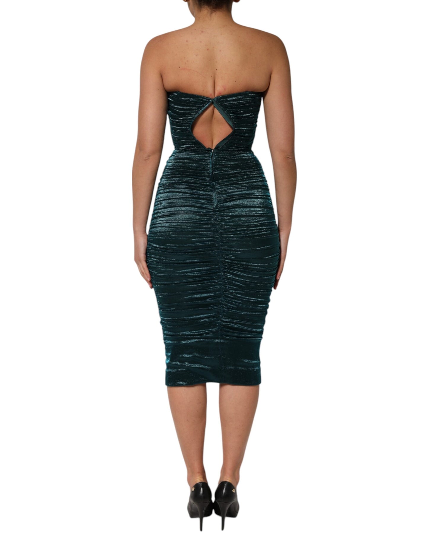 Dolce & Gabbana Green Silk Satin Fitted Strapless Dress