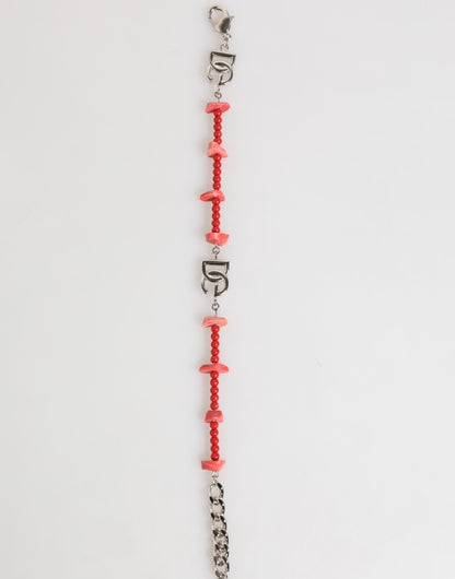 Dolce & Gabbana Silver Tone Brass Beaded Resin DG Logo Chain Men Bracelet