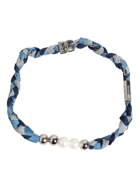 Dolce & Gabbana Blue White Braided Silver Metal Logo Beaded Men Bracelet