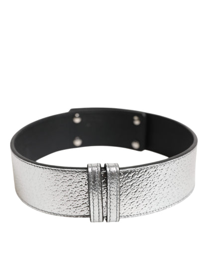 Dolce & Gabbana Silver Textured Leather Gold Tone Metal Neckband