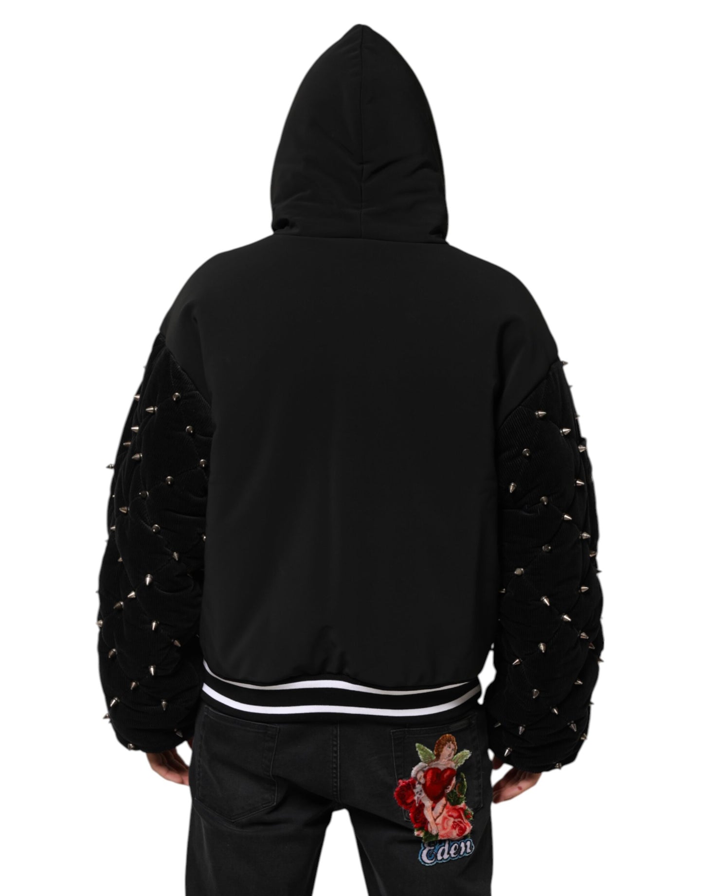 Dolce & Gabbana Black Cotton Quilted Studded Sleeve Hoodie Jacket