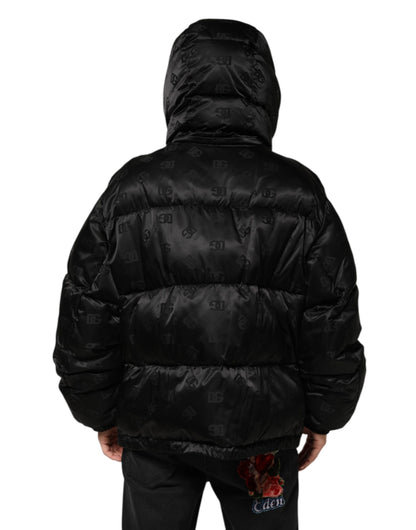 Dolce & Gabbana Black Monogram Logo Puffer Nylon Hooded Jacket