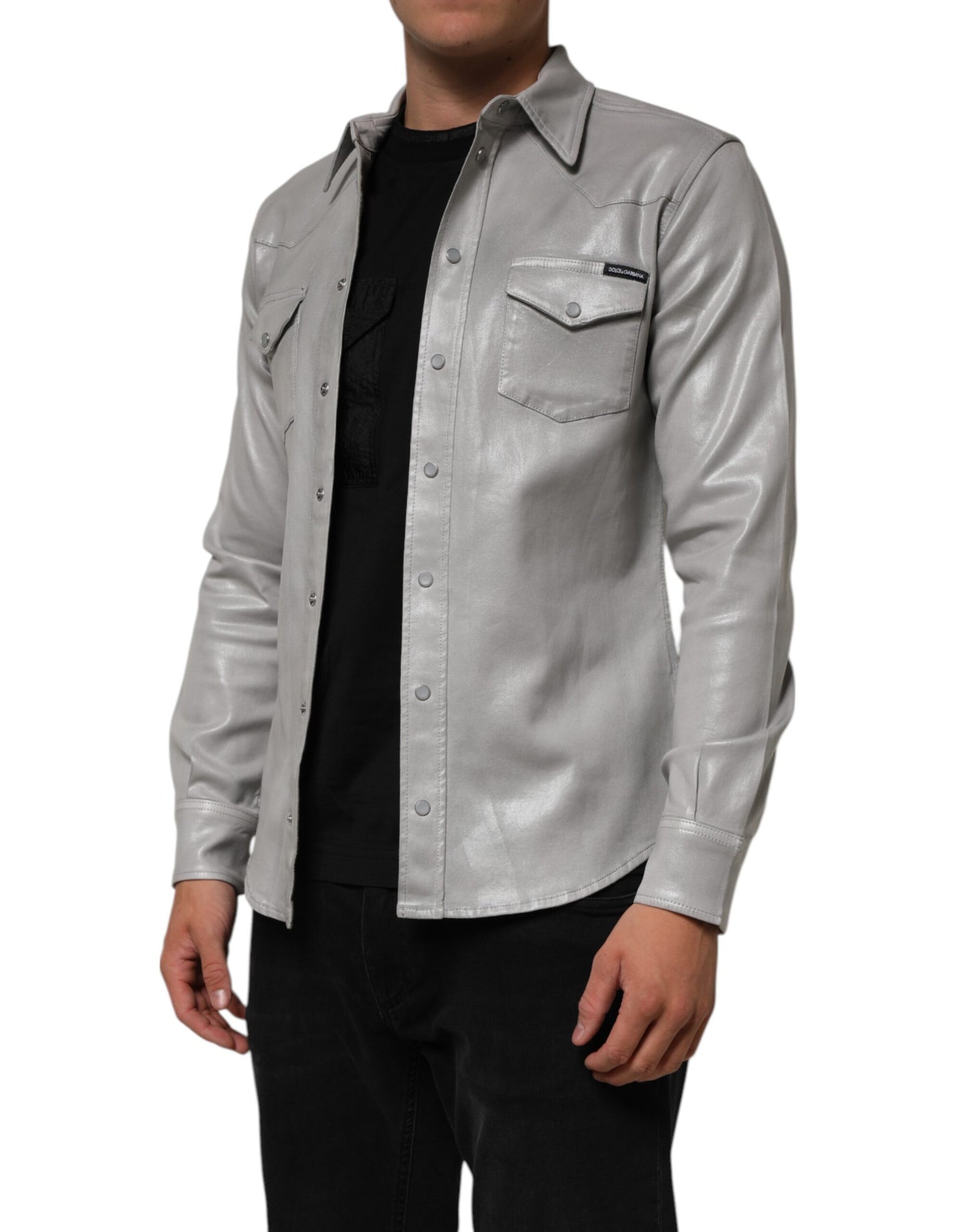 Dolce & Gabbana Gray Coated Cotton Snap Button Logo Men Shirt