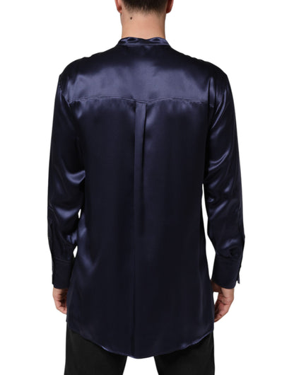 Dolce & Gabbana Navy Silk Long Sleeve Mandarin Collar Shirt