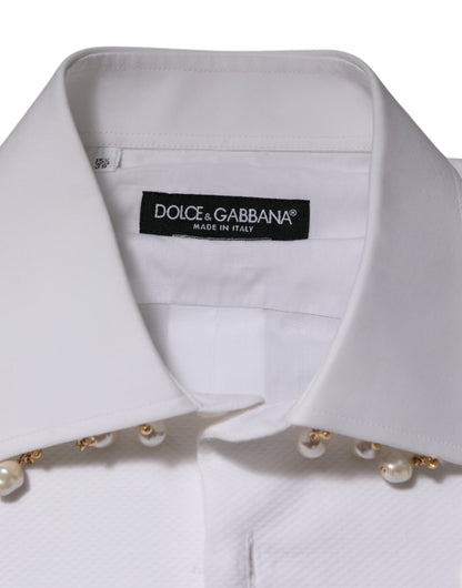 Dolce & Gabbana White Cotton DG Logo Pearl Chain Formal Shirt