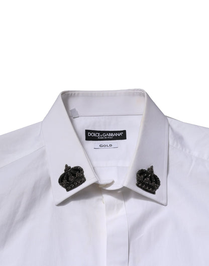 Dolce & Gabbana White Cotton Crown Collar GOLD Formal Shirt