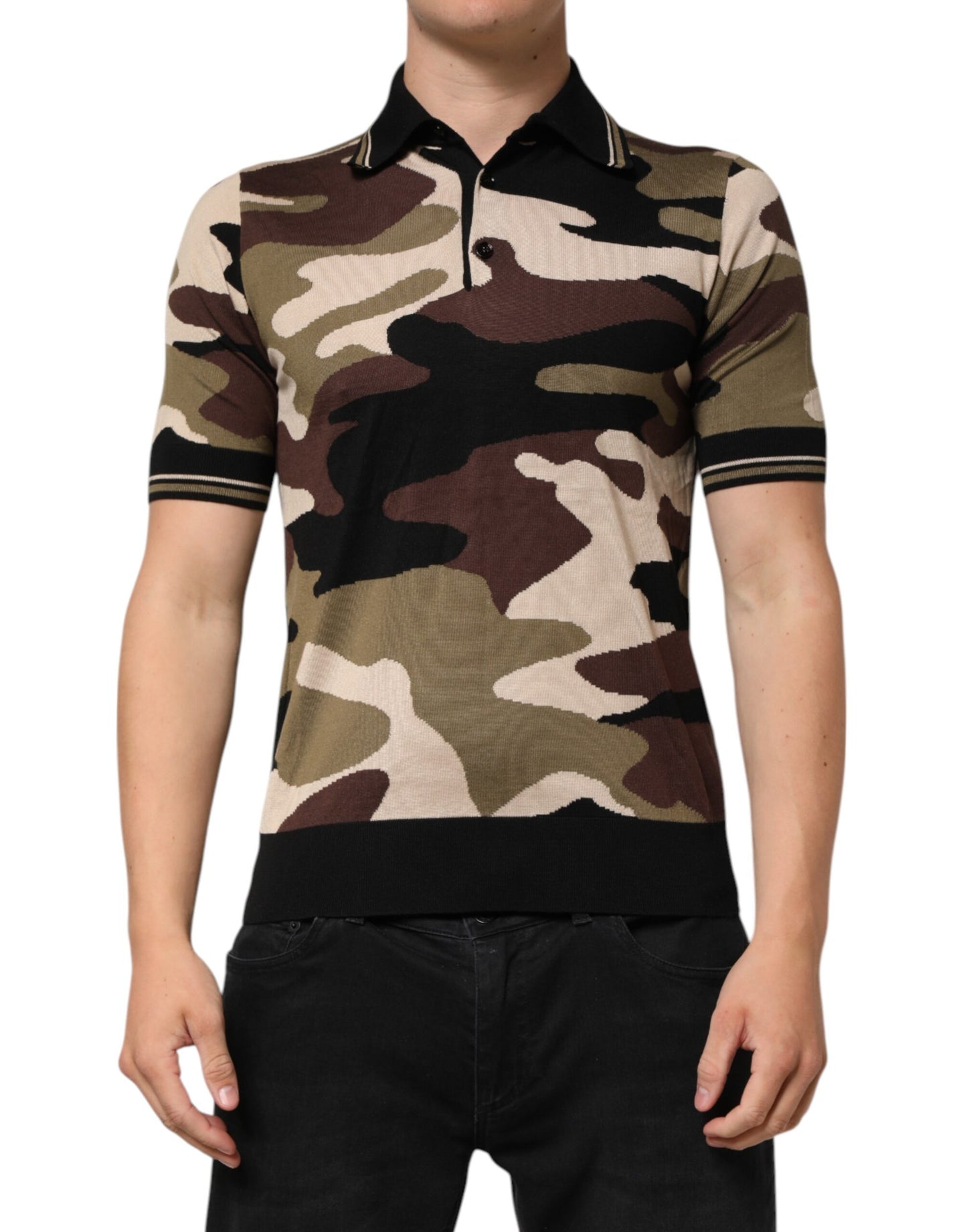 Dolce &amp; Gabbana Camouflage Braunes Seiden-Militär-Polo-Shirt