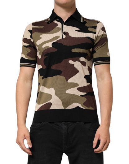 Dolce &amp; Gabbana Camouflage Braunes Seiden-Militär-Polo-Shirt