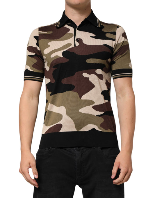 Dolce &amp; Gabbana Camouflage Braunes Seiden-Militär-Polo-Shirt