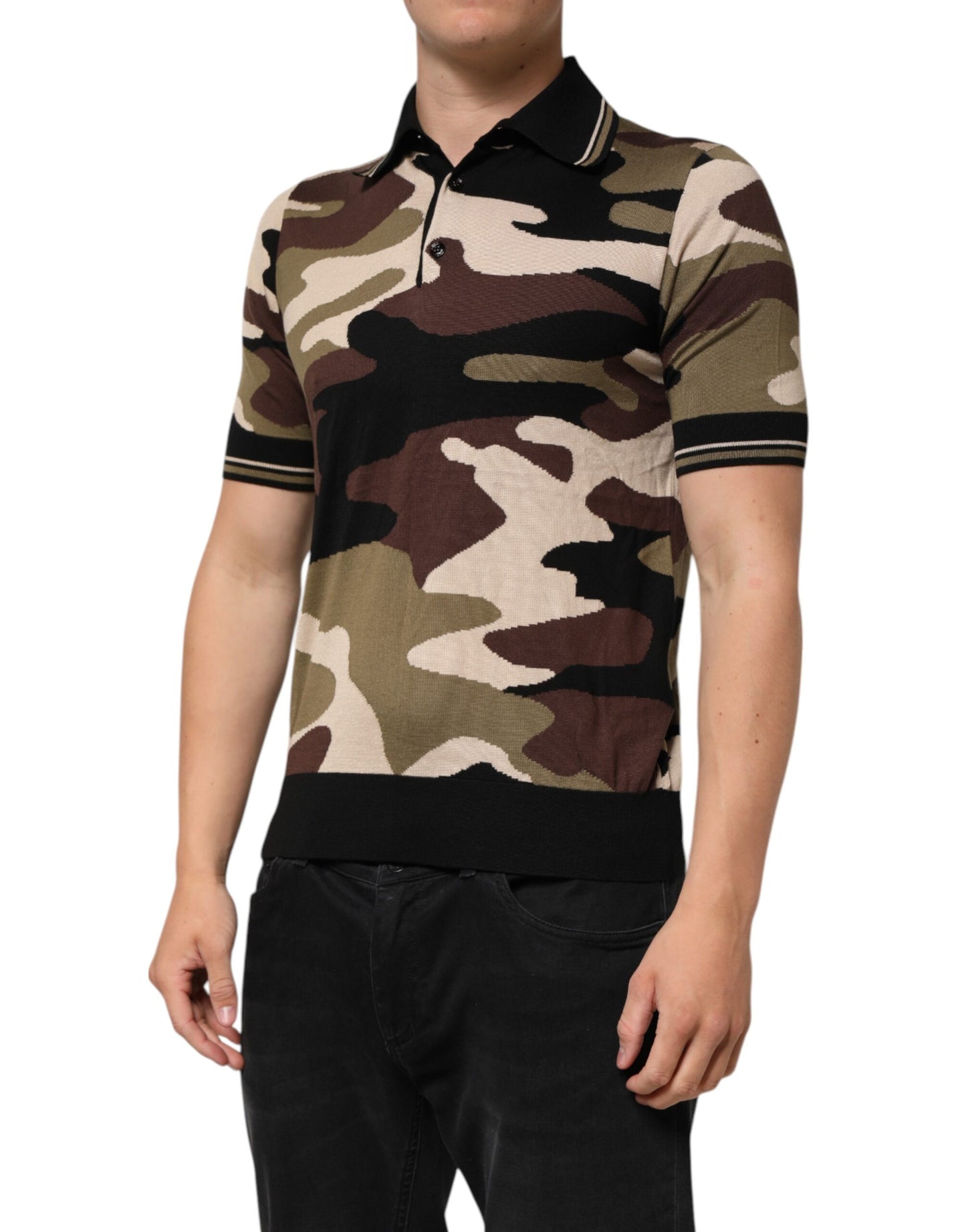 Dolce &amp; Gabbana Camouflage Braunes Seiden-Militär-Polo-Shirt