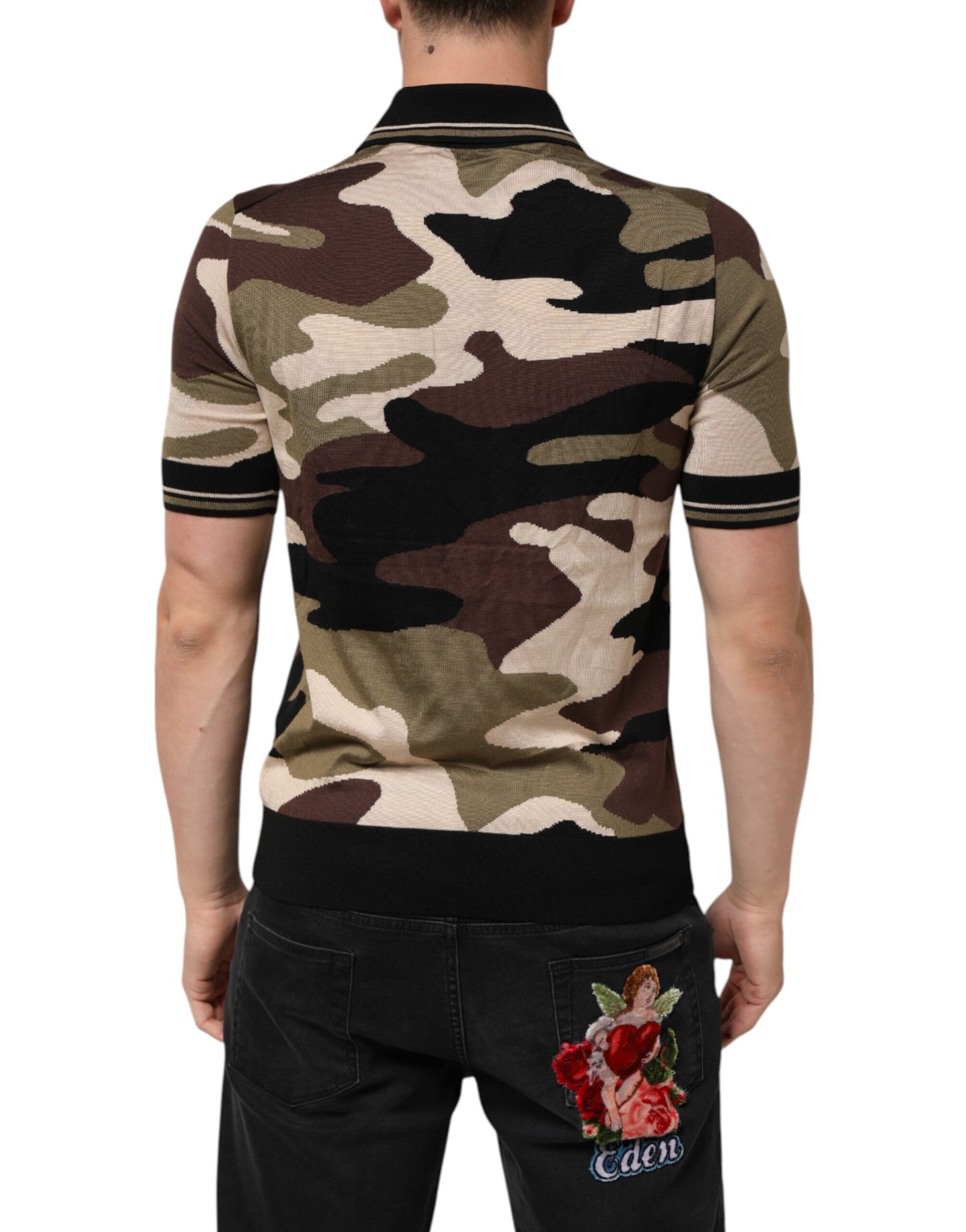 Dolce &amp; Gabbana Camouflage Braunes Seiden-Militär-Polo-Shirt