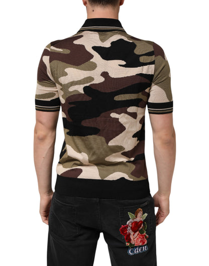 Dolce &amp; Gabbana Camouflage Braunes Seiden-Militär-Polo-Shirt