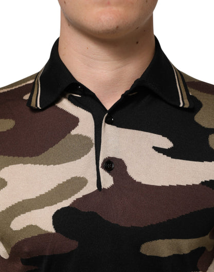 Dolce &amp; Gabbana Camouflage Braunes Seiden-Militär-Polo-Shirt