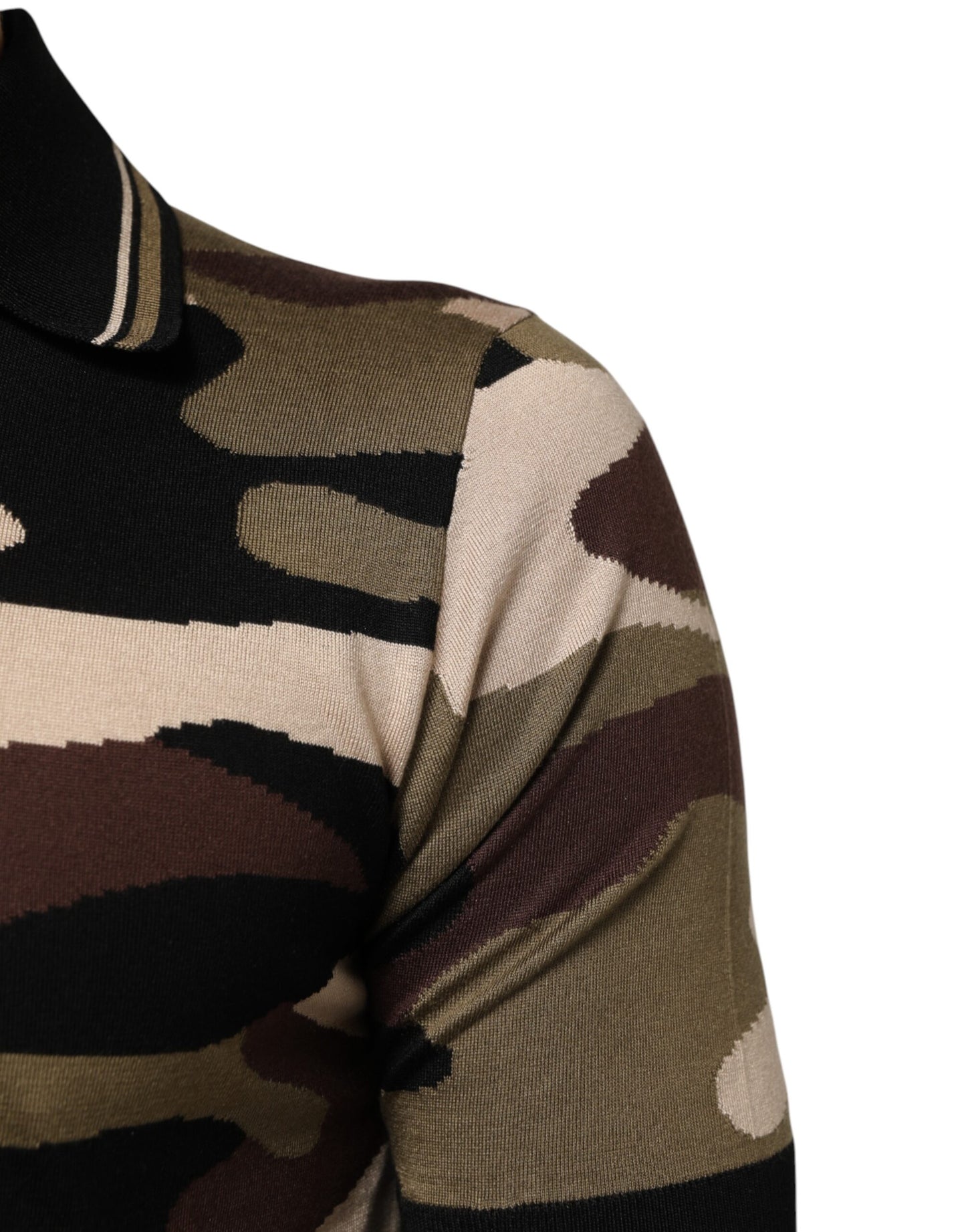 Dolce &amp; Gabbana Camouflage Braunes Seiden-Militär-Polo-Shirt