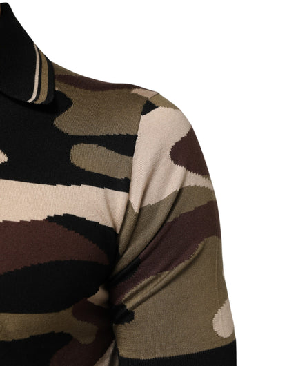 Dolce &amp; Gabbana Camouflage Braunes Seiden-Militär-Polo-Shirt