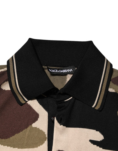 Dolce &amp; Gabbana Camouflage Braunes Seiden-Militär-Polo-Shirt