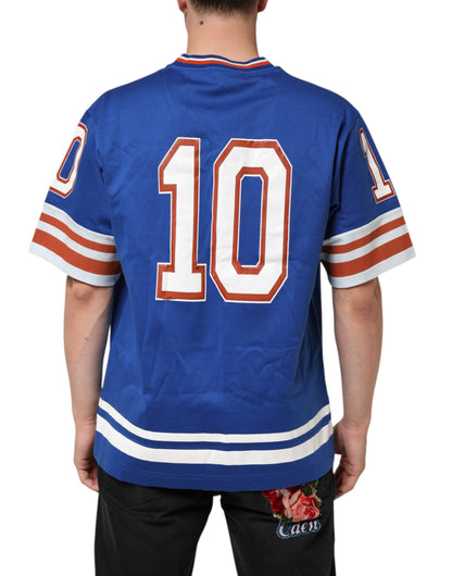 Dolce &amp; Gabbana blaues Baumwoll-T-Shirt mit DG-Logo und Mesh-Einsätzen