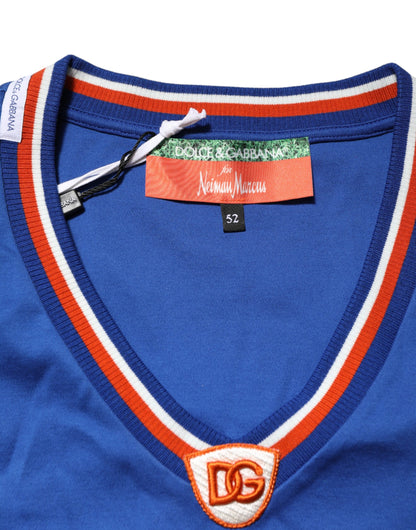 Dolce &amp; Gabbana blaues Baumwoll-T-Shirt mit DG-Logo und Mesh-Einsätzen