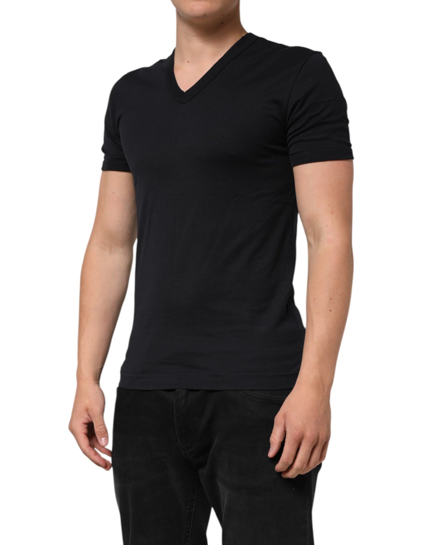 Dolce & Gabbana Black Cotton Plain V-Neck Men Shirt T-shirt