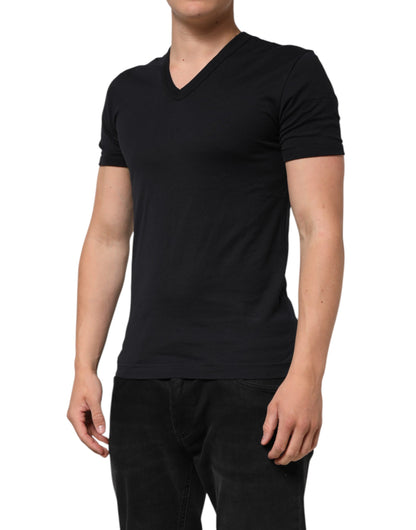 Dolce & Gabbana Black Cotton Plain V-Neck Men Shirt T-shirt
