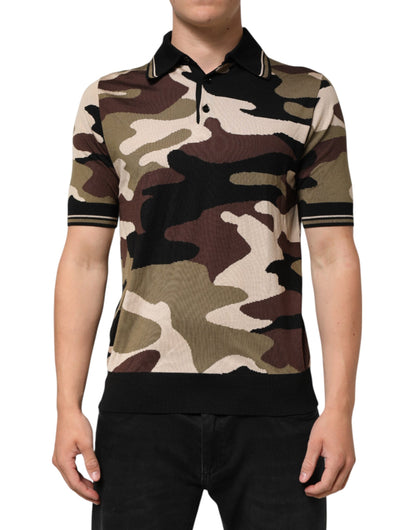Dolce &amp; Gabbana Camouflage Braunes Seiden-Militärpolo-T-Shirt