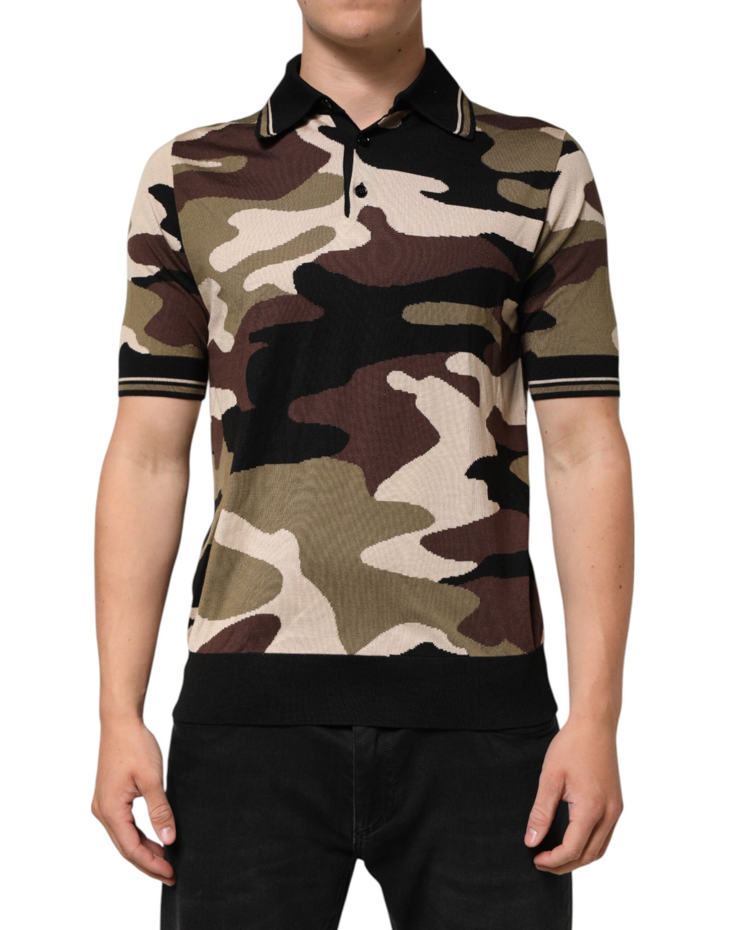 Dolce &amp; Gabbana Camouflage Braunes Seiden-Militärpolo-T-Shirt