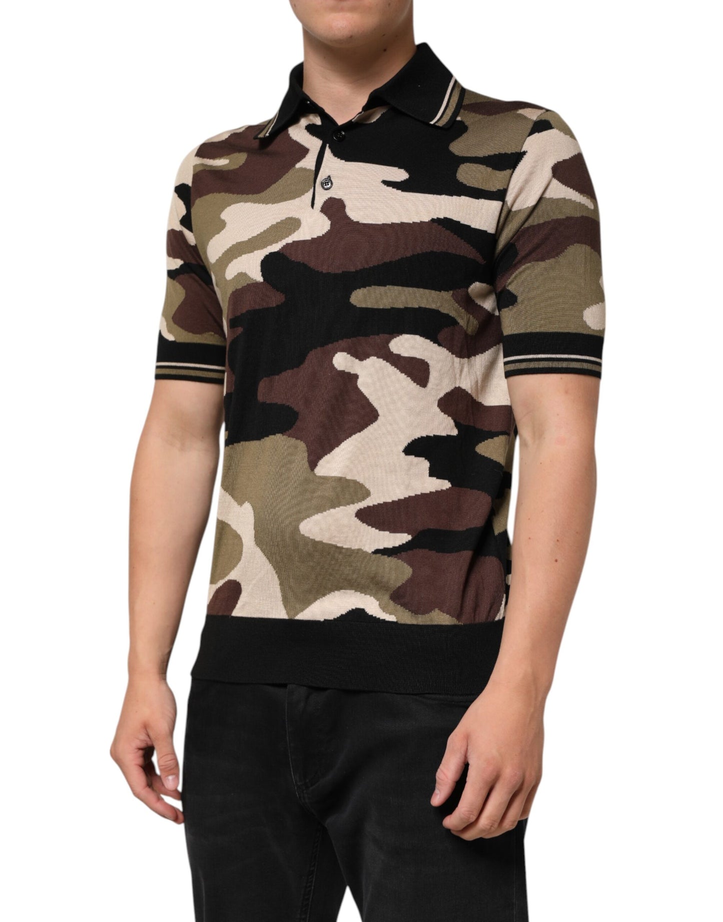 Dolce &amp; Gabbana Camouflage Braunes Seiden-Militärpolo-T-Shirt