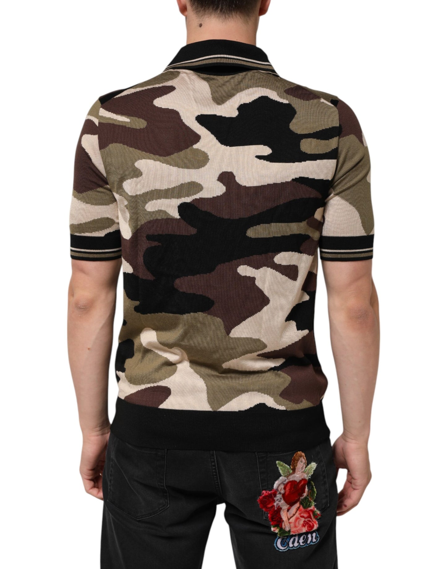Dolce &amp; Gabbana Camouflage Braunes Seiden-Militärpolo-T-Shirt